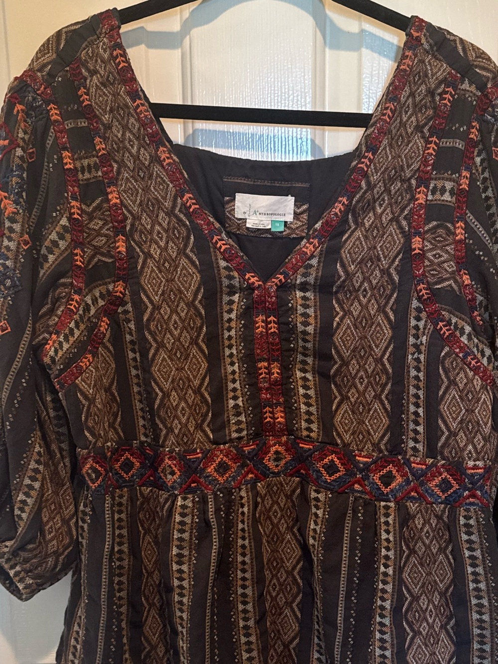Anthropologie Textured Boho Print V-Neck Tunic Dress - Black with Rust Size 1X - Picture 4 of 16